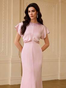 ZEYLAH Vestido de manga corta con cuello redondo y adornos de strass, primavera/verano - Rosa - Ver 4