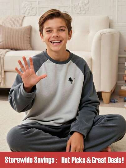 SHEIN 2件套青少年男童休闲加绒抓绒插肩袖撞色卫衣和长裤家居服套装，秋冬款