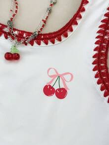 SHEIN Tween Girls' Summer Casual White Contrast Embroidered Cherry Pattern Sleeveless Top - White - View 7