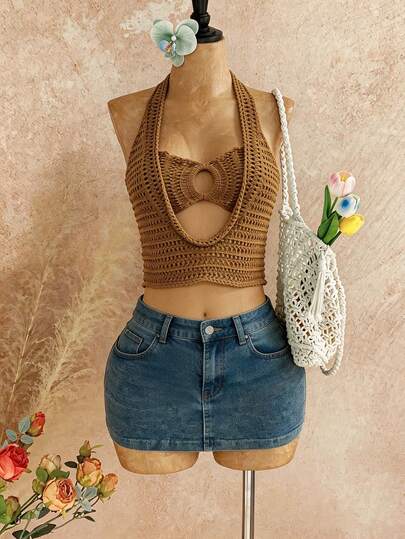 INAWLY 女士度假纯色镂空设计二合一吊带针织上衣