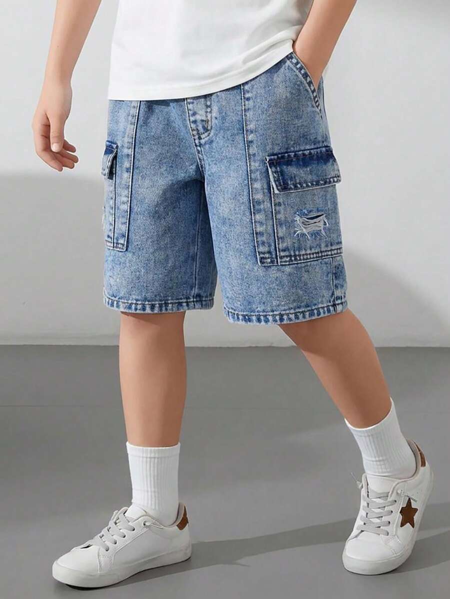 2026 Summer New Arrival Tween Boys Loose Fit Denim Shorts, Casual Vintage Straight Leg Mid-Waist Comfortable Shorts For Outdoor, School, Party, Holiday Wear - Medium Wash - View 1