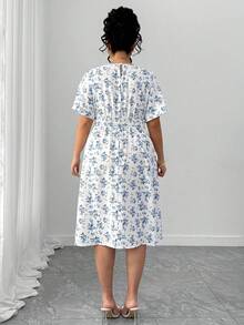 Elenzga Vestido de línea A de manga corta con cuello redondo y estampado floral, diseño de cintura elástica favorecedora, adecuado para el uso diario, salidas, fiestas y vacaciones, talla grande y elegante - Multicolor - Ver 2