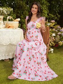 SHEIN Maternity Strawberry Print Ruffle Hem Cap Sleeve Dress - Pink - View 5
