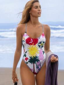 SHEIN Swim Vcay Áo tắm liền thân in hình cây dừa dành cho nữ, thích hợp cho kỳ nghỉ biển, tiệc bể bơi, tiệc bãi biển. - Nhiều màu - Xem 3