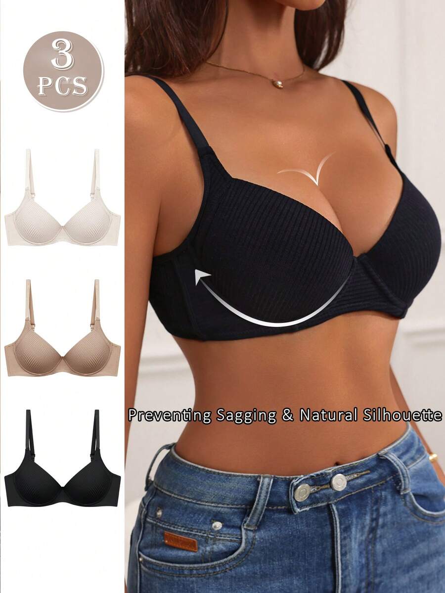 NudeFit 3pcs Women's Solid Casual Comfortable Ribbed Fabric Wire-Supported Lift & Instantlift Bra - Multicolor - View 1