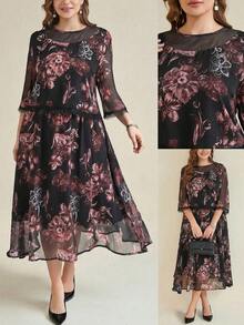 Rometta 女士优雅简约网纱蕾丝拼接花卉大码两件套连衣裙，带袖花卉连衣裙，女士优雅特殊场合连衣裙，蕾丝边连衣裙，女士蕾丝边连衣裙，女士花卉中长连衣裙，女士特殊场合连衣裙 - 彩色 - 查看 8