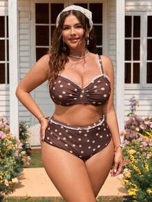 Swim Mod Plus Size Women's Sweet & Cute Minimalist Beach Vacation Casual Random Print Brown Base Beige Polka Dot Steel Bra 2-Piece Swimwear Set - Brown - View 3