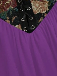 Sweetra Plus Size Dark Style Square Collar Jacquard Waist Flared Hem Shirt - Purple - View 3