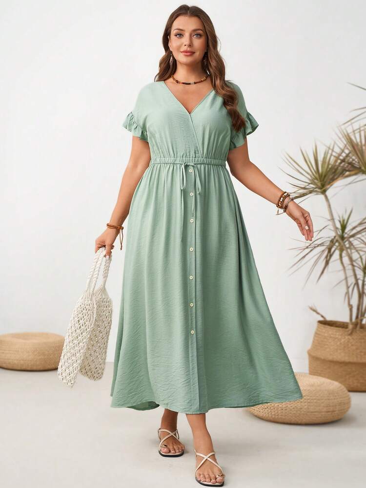 Plus Size Casual Solid Color Drawstring Waist Dress