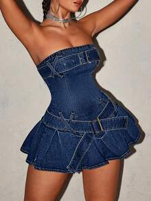 Jeanoix Đầm denim mini dáng ôm gợi cảm cỡ lớn, có thắt lưng, thích hợp cho mùa hè. - Màu xanh lam - Xem 1