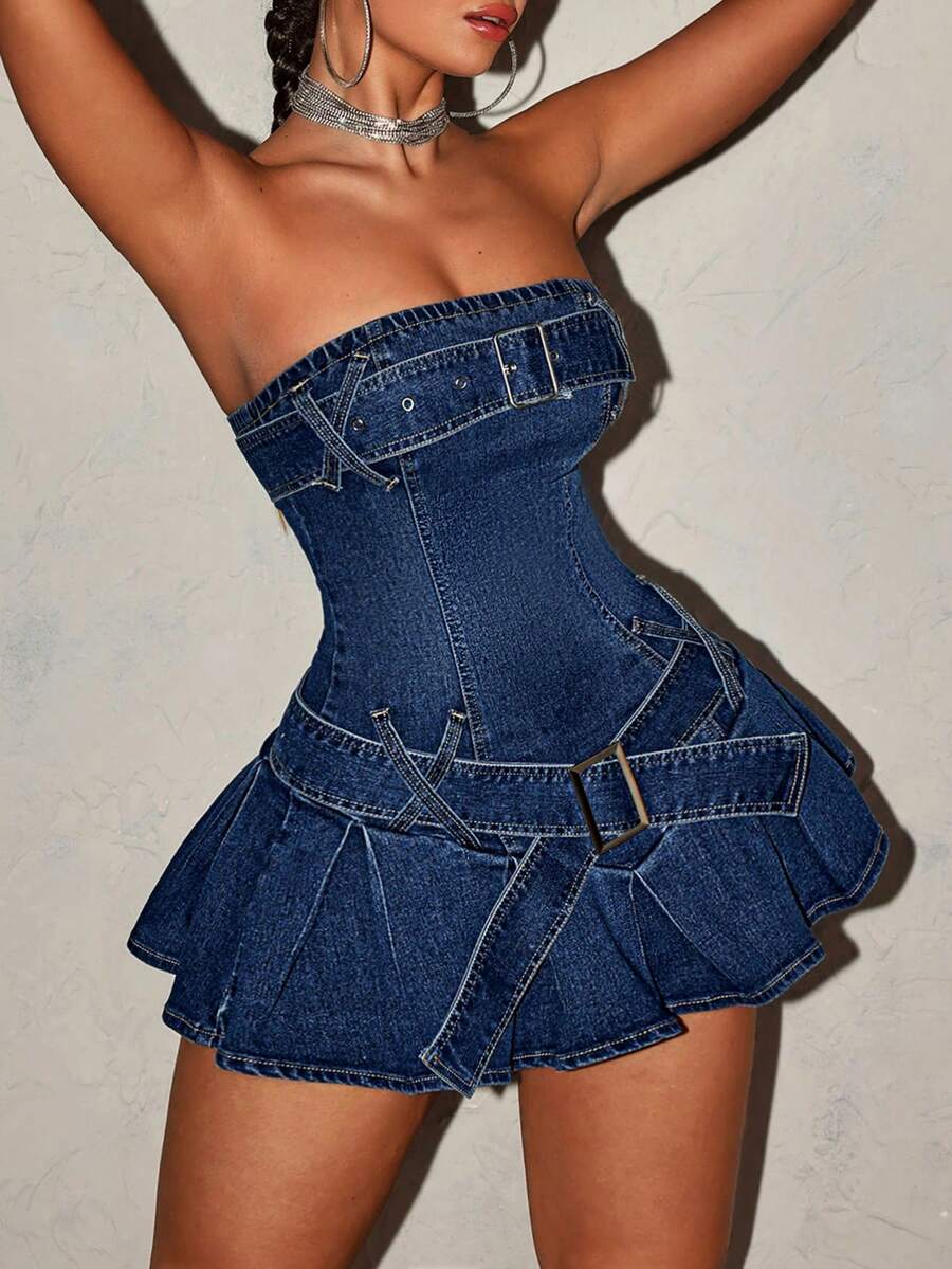 Jeanoix Đầm denim mini dáng ôm gợi cảm cỡ lớn, có thắt lưng, thích hợp cho mùa hè. - Màu xanh lam - Xem 1