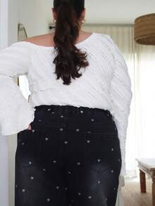 Pretty and Ole 心形印花花卉宽松直筒做旧水洗长款牛仔裤，四季皆宜 - 黑色 - 查看 6