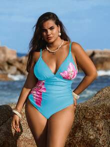 Swim Vcay Plus Size Women One-Piece Printed Slimming Tummy Control Swimsuit - Baby Blue - View 1