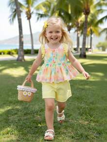 Bộ 3 món cho bé gái mùa hè, áo không tay và quần short xếp ly, vải chiffon thêu, trang phục nghỉ mát ngọt ngào kèm mũ. - Màu vàng - Xem 3