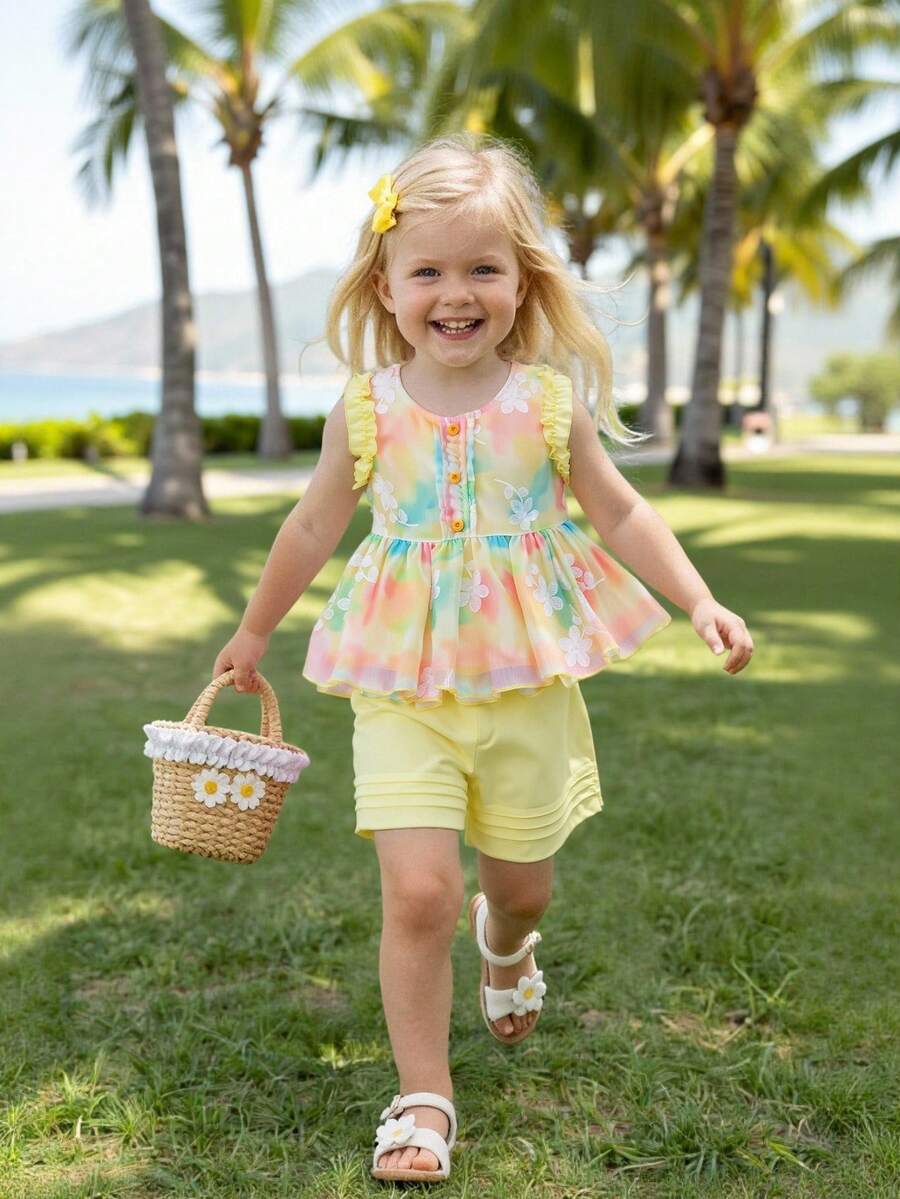 3件套女童夏季荷叶边无袖上衣和短裤套装，雪纺刺绣面料，甜美度假装，含帽子 - 黃色 - 查看 1