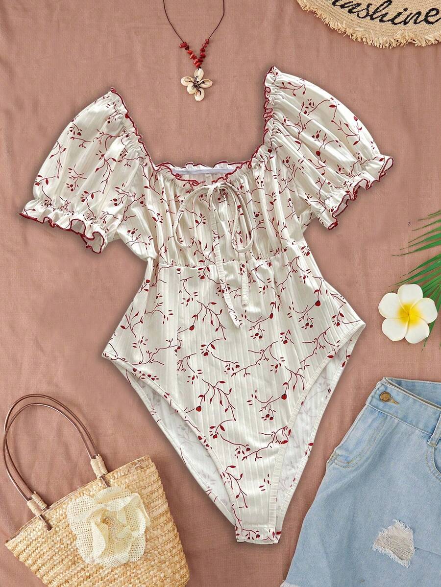 Flirla Áo liền quần cỡ lớn cổ tim, chất liệu gân, buộc dây vai phía trước - Nhiều màu - Xem 1
