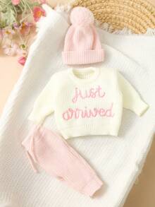 SHEIN 3Pcs Set Baby Hospital Arrival Announcement Outfit 1-3 Month Baby Knitted Tops And Pants With Hat Newborn Photo Shoot Props Neutral Baby Coming Home Outfit - Baby Pink - View 5