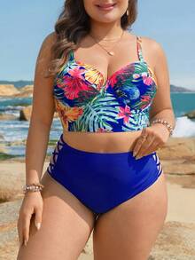 Swim Lushoire 2pcs Women Floral Print Bikini Set, Spaghetti Strap Playful Swimsuit - Blue - View 6