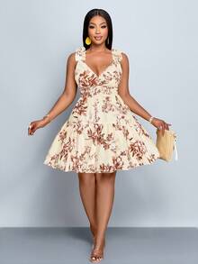 SOLERSUN Plus Size Women's Fashion Floral Random Pattern Crossover V-Neck Ruffled Shoulder Strap Sleeveless Pleated Waist A-Line Double-Layer Ruffled Hem Short Dress, Vacation, Suitable For Spring And Summer Daily Commutes And Beach Vacations, Cool And Casual, Perfect For St. Patrick's Day, Easter, Music Festivals, Parties - Apricot - View 5