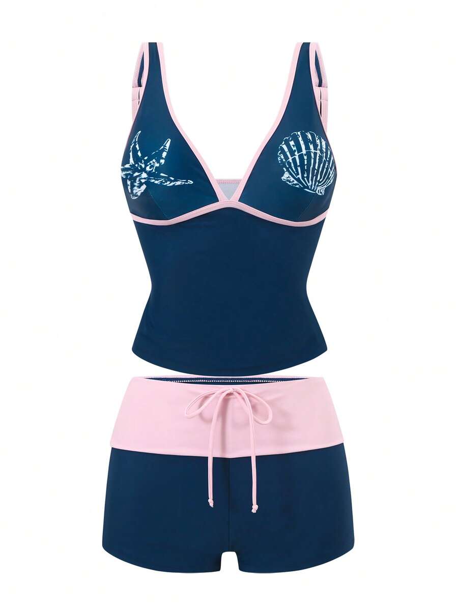 Swim Mod Bộ đồ bơi Tankini in hình sao biển và vỏ sò dành cho nữ, quần cạp cao giúp thon gọn vóc dáng, thích hợp cho kỳ nghỉ biển và spa. - Nhiều màu - Xem 1