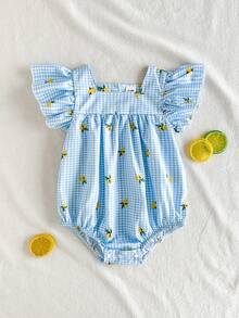 Vintaside Kids 1件女婴清新绿色格子荷叶袖连体衣。面料柔软舒适，可爱公主风休闲款式，适合春夏户外、旅行、日常穿着。 - 藍色 - 查看 4