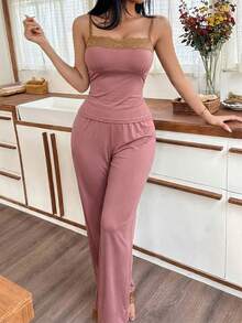 SweetSlumber Women's Lace Patchwork Camisole Top And Wide Leg Pants Casual Loungewear Set - Camel - View 3