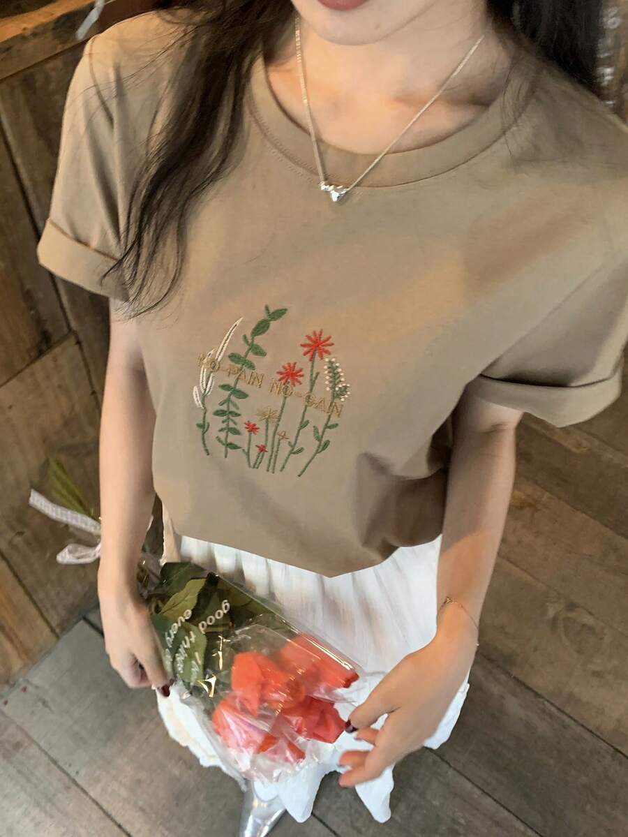 DAZY 女士植物印花圆领短袖休闲百搭T恤 夏季图案T恤 - 卡其色 - 查看 1
