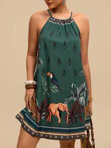 Travachic Plus Size Women Tropical Plant Print Casual Halter Neck Dress - Multicolor - View 6