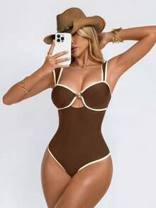 Shapewave Maiô feminino de uma peça com estampa de estrela-do-mar em preto e branco, efeito push-up, controle de barriga, sem costas e com amarração. Ideal para praia, férias e festas. - Castanho - Ver 7