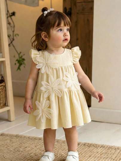 Baby Girls' Dress With 3D Floral Decor, Cute & Fashionable Versatile Spring/Summer Skirt