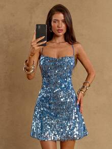 SHEIN BAE Đầm ngắn ôm sát màu xanh dương, hở lưng, dây buộc, đính sequin, dáng đuôi cá, cổ khoét sâu, không tay, thích hợp cho kỳ nghỉ hè ở bãi biển. - Màu xanh lam - Xem 3