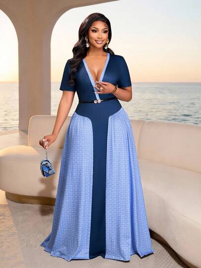 Brilight Women's Elegant And Sexy Spring/Summer Waistline Dress, South African Traditional Costume Party Gathering Art Print Patchwork Long Dress, Art Photography Shoot Dress. Hidden V-Neck + Cinched Waist Design Solves The Dilemma Of "Not Daring To Wear A Gown In Daily Life": Navy Blue Main Tone + Light Blue Pattern, Suitable For Both Office And Gatherings, With A Natural Train At The Hem That Creates An Elegant Atmosphere.