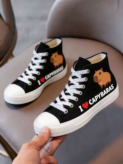 zapatillas de lona para niños y niñas lona color básico con cordones brillosos i love capibara altos confort 100% lona excelente calidad dibujo de perrito tierno liso 13 al 21 mx colores básicos liga negro rojo rosa