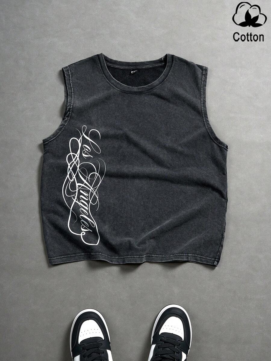 PAVTROS Men's Minimalist Printed Crew Neck Sleeveless Snowflake Graphic Tank Top - Black - View 1