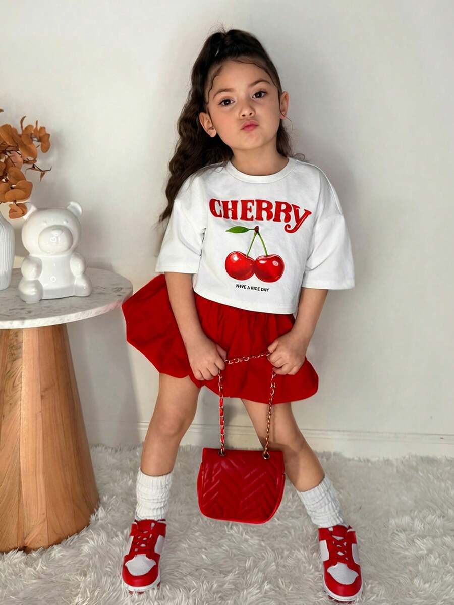 SHEIN 少女休闲可爱樱桃印花圆领T恤和荷叶边半裙两件套 - 紅白色 - 查看 1