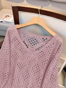 GlowEve CURVE Plus Size Women's Perforated 3/4 Sleeve Knit Sweater - Pink - View 3