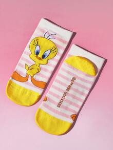 LOONEY TUNES X SHEIN 2双装 女士/女孩 柔软透气 吸湿排汗 休闲条纹短袜 时尚可爱 崔弟 白色和黄色短袜 加固趾部和脚跟，经久耐穿 四季皆宜 夏季冬季百搭 图案袜 - 彩色 - 查看 7