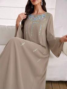 Al Najma Áo choàng thêu thanh lịch dành cho nữ nhân dịp Eid - Cà phê nâu - Xem 5
