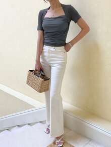 Women's Solid Color Mesh Patchwork Fitted Short Sleeve T-Shirt, Spring/Summer - Dark Grey - View 2