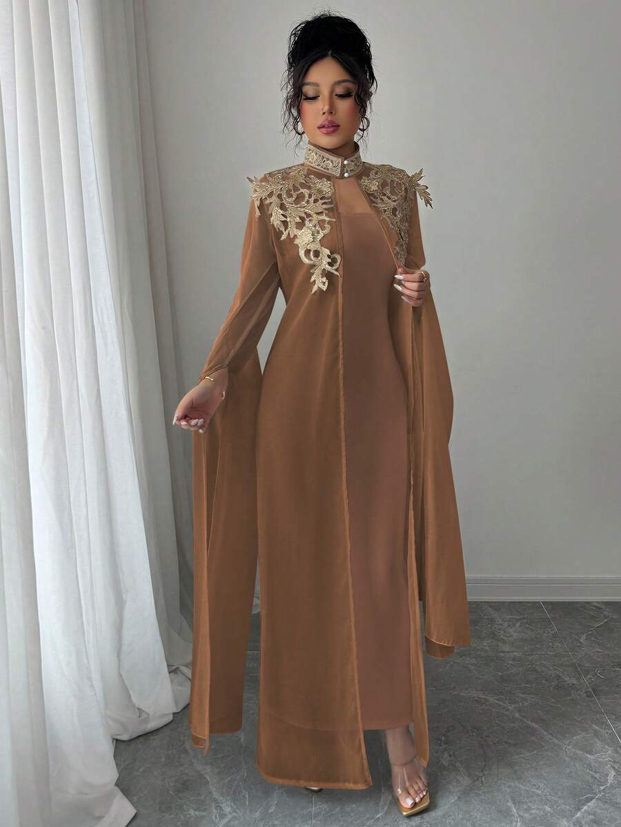Rafferiza Elegante, digno y grácil conjunto de 2 piezas: vestido largo y chaqueta - Marrón - Ver 1
