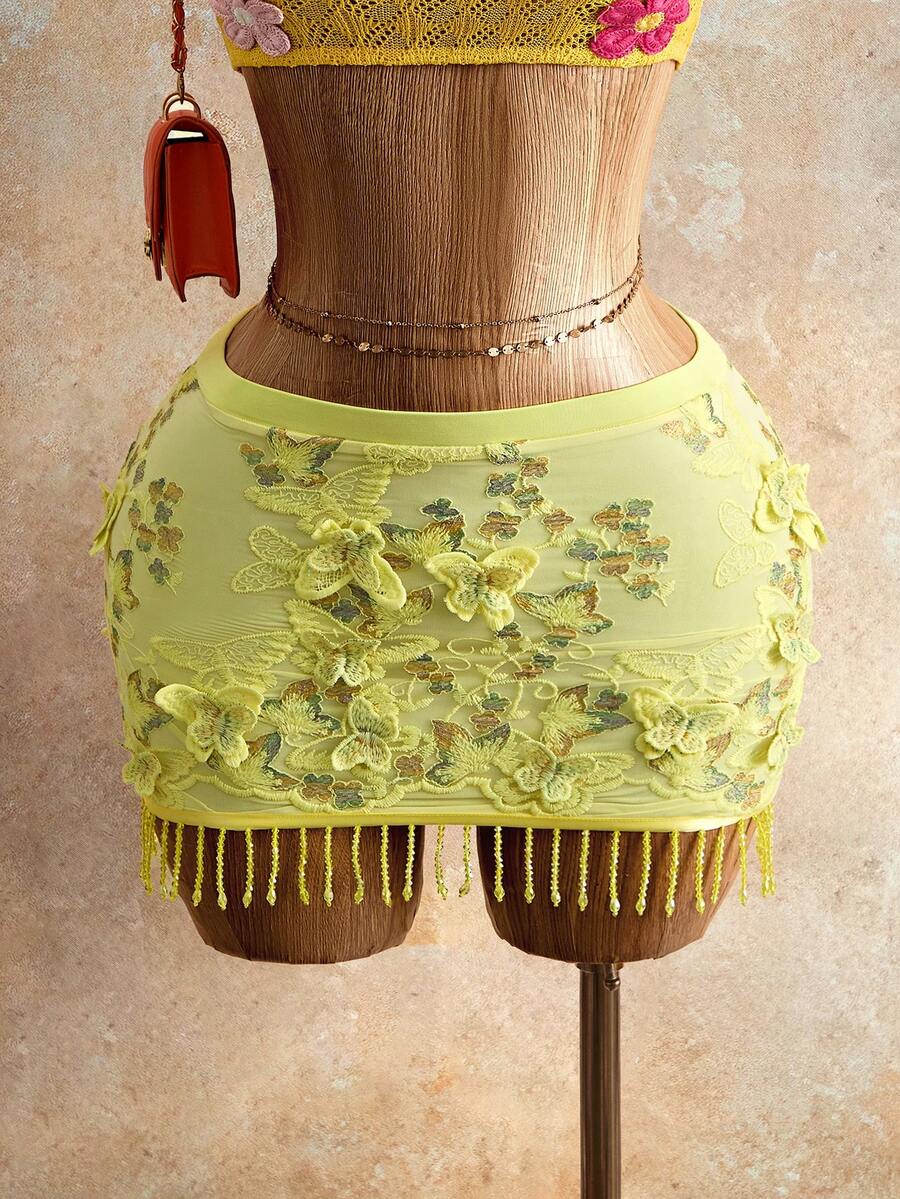 Mistrie Yellow Summer Fairycore Vacation Holiday Women's Skirt,Y2K Revival Sweet Spicy Style Sheer Tassel Party,Three-Dimensional Lightweight Fabric - Yellow - View 1