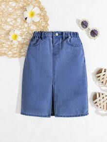SHEIN Chân váy denim xanh cơ bản thường ngày cho bé gái, chân váy phong cách boho mùa xuân hè. - Rửa tối - Xem 7