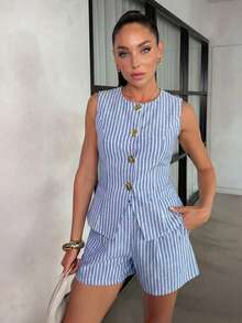 Lavishia Women's Striped Metal Single-Breasted Vest And Shorts Casual 2 Pieces Set - Baby Blue - View 3