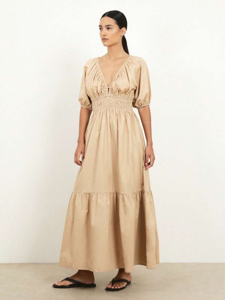 KSTM Women's Ruched V Neck Puff Sleeve Maxi Dress With Smocked Waist And Tiered Hem For Summer Wedding Guest