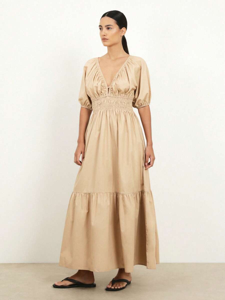 KSTM Vestido maxi con cuello en V fruncido, mangas abullonadas, cintura fruncida y bajo con volantes para invitada de boda en verano - Óxido marrón - Ver 1