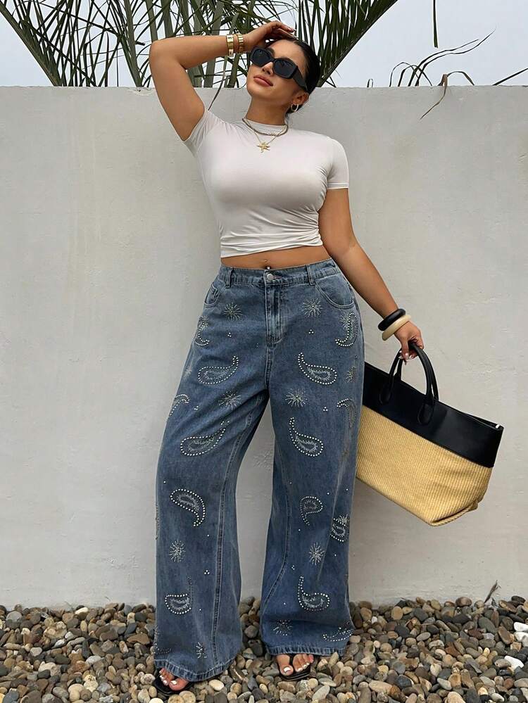 Dazy Plus Rhinestone Embroidered Design Loose Fit Long Casual Jeans, Retro Denim