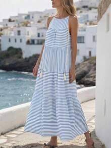 Breezaya Women's Romantic Vacation Maxi A-Line Striped Patchwork Contrast Color Dress, Spring/Summer - Multicolor - View 7