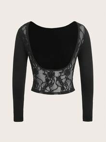 Aloruh Petite Casual Minimalist Versatile Style Black Sexy Backless Lace Cotton Long Sleeve T-Shirt, Suitable For Spring And Summer - Black - View 3