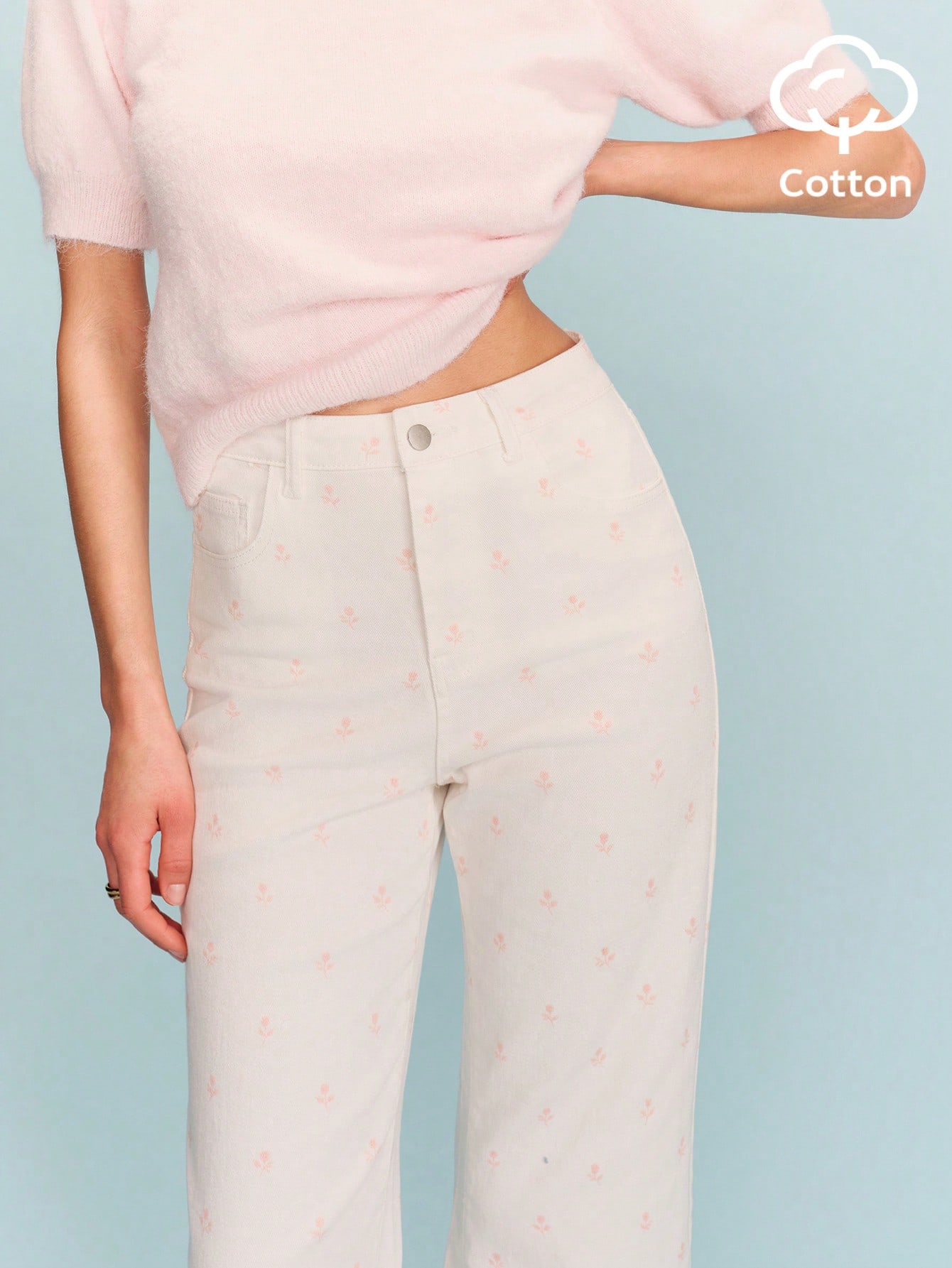 Jeansy z wysokim stanem i haftem kwiatowym – kolor piaskowy
