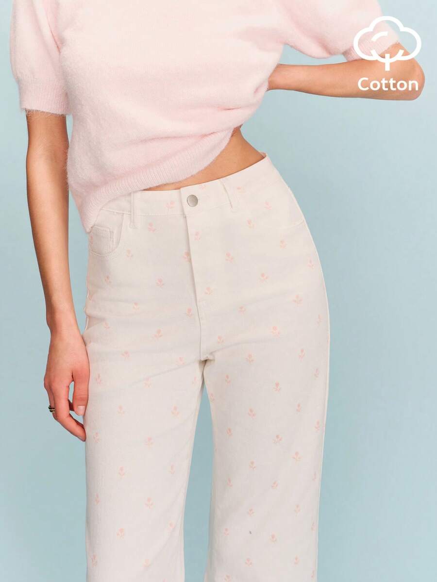 lacRébo Quần jeans cạp cao thêu hoa - Màu cát - trắng - Xem 1